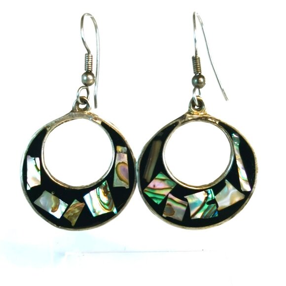 Vintage Alpaca Silver Abalone & Black Enamel Crescent Drop Earrings - Picture 1 of 5